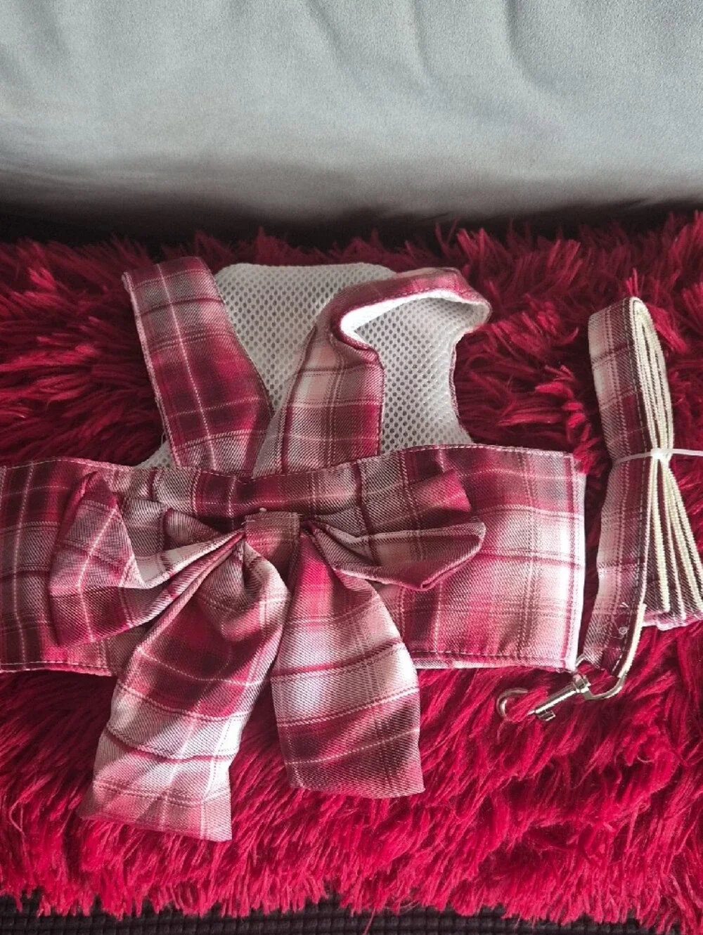 Plaid Pink Dog Harness with Decorative Bow